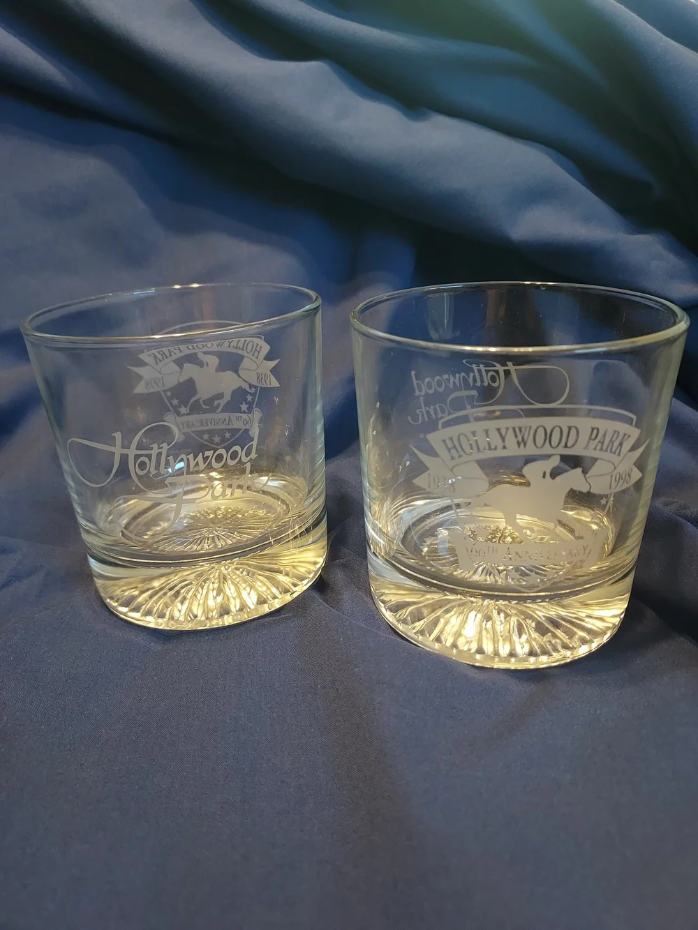 Vintage Hollywood Park CA 60th Anniversary Etched Whiskey Tumblers (2) Barwear
